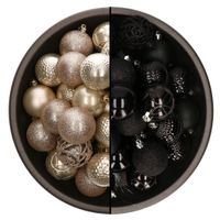 74x stuks kunststof kerstballen mix zwart en parel champagne 6 cm