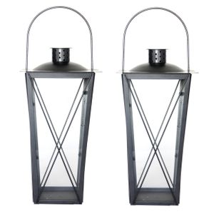 Set van 2x stuks zilveren tuin lantaarn/windlicht van ijzer 20 x 20 x 40 cm