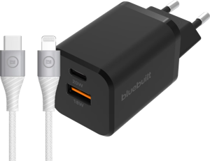 BlueBuilt Snellader met 2 Usb Poorten 38W Zwart + Lightning Kabel 1,5m