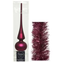 Kerstversiering glazen piek mat 26 cm en folieslingers pakket framboos roze van 3x stuks