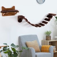 Wandmontage Katten Klimrek Houten Katten Bed met Ladder Loopbrug Duurzaam & Stabiel Gemakkelijke Installatie Bruin - thumbnail