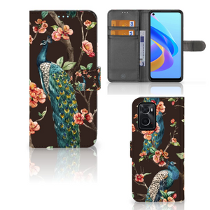 OPPO A76 | A96 Telefoonhoesje met Pasjes Pauw met Bloemen