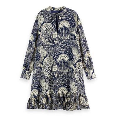 Scotch & Soda A-lijn jurk met all over print en volant donkerblauw/ecru