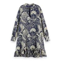 Scotch & Soda A-lijn jurk met all over print en volant donkerblauw/ecru