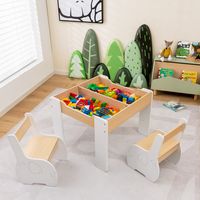 3-Delige Kinderzitgroep van Hout 4-In-1 Kindertafel met 2 Stoelen en Afneembaar Bord Kindermeubelset met Opbergruimte (Wit) - thumbnail