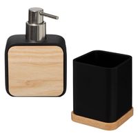 Badkamer/toilet accessoires set - tandenborstelhouder en zeeppompje - zwart - bamboe - 200 ml