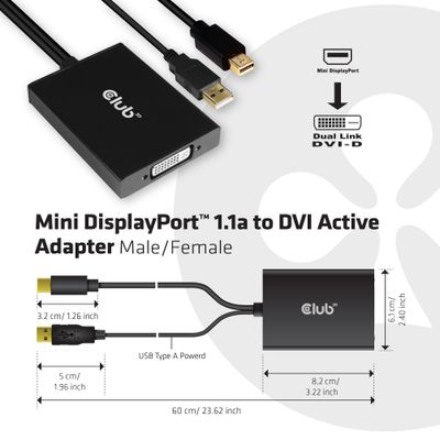 club3D CAC-1130 DisplayPort-kabel Mini-displayport / DVI Adapterkabel Mini DisplayPort-stekker, DVI-D 24+1-polige bus 0.15 m Zwart