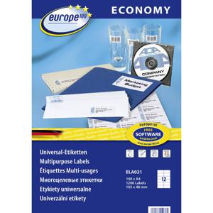 Europe 100 ELA021 Universele etiketten 105 x 48 mm Papier Wit 1200 stuk(s) Permanent hechtend Inkjet, Laser (zwart/wit), Laser (kleur), Kopiëren (zwart/wit),