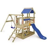WICKEY speeltoestel klimtoestel TurboFlyer met schommel en blauwe glijbaan, outdoor klimtoren voor kinderen met zandbak, ladder en speelaccessoires voor de tuin