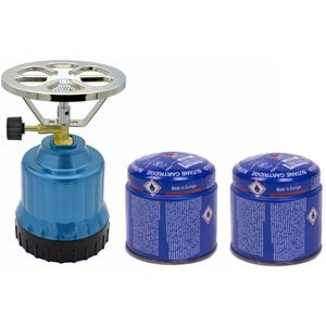 Camping kookstel kunststof metallic blauw incl. 2x gas navulling priktank 190 gram