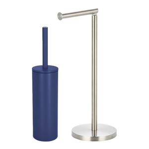 Badkamer accessoires set - WC-borstel/toilet rollen houder - metaal/porselein - donkerblauw