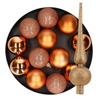 12x stuks kunststof kerstballen 6 cm inclusief glitter piek koper - thumbnail