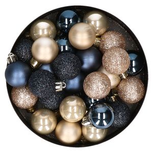 28x stuks kunststof kerstballen parel/champagne en donkerblauw mix 3 cm   -