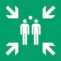 pictogram bord verzamelpunt, reddingsteken, reddingswegbord, weergave van de verzamelplaats in noodgevallen, tarifold 7510015, ISO 7010, kunststof 1,4 mm, 300 x 300 mm, groen-wit