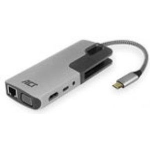 ACT AC7043 USB-C naar HDMI of VGA multiport adapter met ethernet, USB hub, cardreader, audio en PD pass through