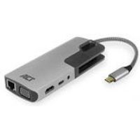 ACT AC7043 USB-C naar HDMI of VGA multiport adapter met ethernet, USB hub, cardreader, audio en PD pass through - thumbnail