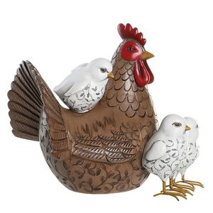 Items Home decoratie dieren/vogel beeldje - Kip met kuikens - 25 x 22 cm - binnen/buiten - bruin/wit