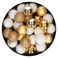 28x stuks kunststof kerstballen goud en wit mix 3 cm   -