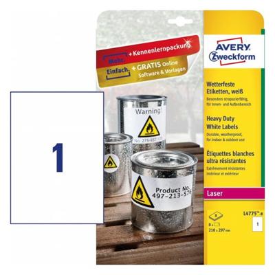 Avery-Zweckform L4775-8 Folie-etiketten 210 x 297 mm Polyester folie Wit 8 stuk(s) Permanent hechtend Laser (kleur), Laser (zwart/wit), Kopiëren (kleur),