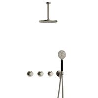 Hotbath Cobber X complete thermostatische douche inbouwset cobberx 70 met 2 stopkranen met ronde handdouche en plafondbuis 15 cm, geborsteld nikkel