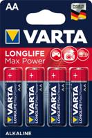 VARTA Batterij LONGLIFE Max Power, alkaline-mangaan, mignon, AA, LR6, 1,5 V, 2.600 mAh (4 stuks), je ontvangt 1 verpakking van 4 stuks