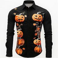 Halloween Pompoen Grijns Casual Voor heren Overhemd met knopen Lange mouw Feest / Avond Herfst Winter Lente zomer Strijkijzer Overhemdkraag Dichtknopen 3D-afdrukken Dun Oranje Polyester Lightinthebox