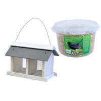 Vogelhuisje/voedersilo met twee vakken hout/leisteen 31 cm inclusief 4-seizoenen mueslimix vogelvoer