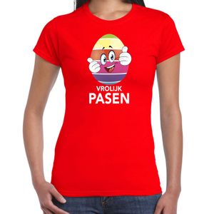 Pasen shirt rood met vrolijk paasei en duimen schuin omhoog voor dames