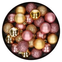 28x stuks kunststof kerstballen goud en oudroze mix 3 cm   -