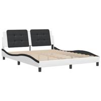 vidaXL Bedframe met hoofdbord kunstleer zwart en wit 160x200 cm, bed, bed ombouw, eenpersoonsbed, bedbodem, slaapkamermeubel, logeerbed, houten bed