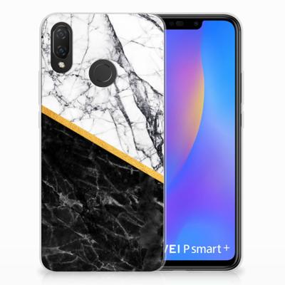 Huawei P Smart Plus TPU Siliconen Hoesje Marmer Wit Zwart - Origineel Cadeau Man