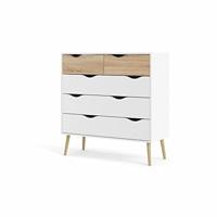 Commode met vijf laden, wit en eiken, afmetingen 98 x 100 x 39 cm