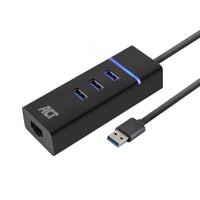 ACT USB Hub 4-in-1, 3-poorts USB Hub 3.0, USB A Ethernet Adapter, voor PC en Laptop - AC6310