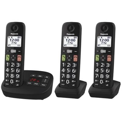Panasonic KX-TGU133EXB Digitale telefoon, draadloos, met antwoordapparaat, basiseenheid en 3 handsets, lcd-display, grote toetsen, favoriete oproepen, compatibel met hoorapparaten, zwart