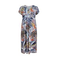 Yoek jurk met bladprint donkerblauw/rood/geel