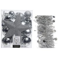 Kerstversiering kerstballen 5-6-8 cm met ster piek en sterren slingers pakket zilver van 35x stuks