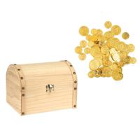 Houten piraten schatkist 20 x 15 cm met 100x plastic gouden piraten geld munten - thumbnail