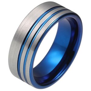 Wolfraam heren ring Dubbele Groef Geborsteld Zilverkleurig Blauw