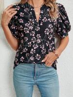 Casual Botanical Pattern V Neck T-Shirt - thumbnail