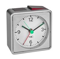 TFA Dostmann analoge wekker PUSH, 60.1013.54, geluidsarm sweep uurwerk, achtergrondverlichting en lichtgevende wijzers, snooze-functie, zilver, kunststof, (L) 70 x (B) 37 x (H) 70 mm
