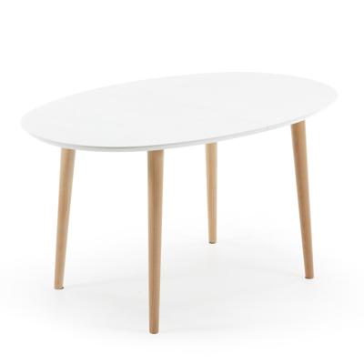 Oqui ovale uitschuifbare MDF tafel met witte lak en massief beuken poten 20(220)x90 cm Oqui ovale uitschuifbare MDF tafel met witte lak en massief beuken poten 20(220)x90 cm