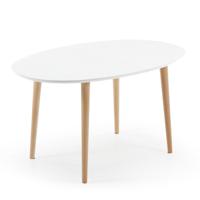 Oqui ovale uitschuifbare MDF tafel met witte lak en massief beuken poten 20(220)x90 cm