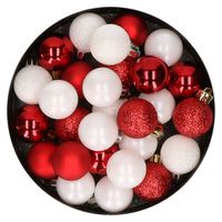 28x stuks kunststof kerstballen rood en wit mix 3 cm   -