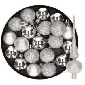 24x stuks kunststof kerstballen 6 cm inclusief glitter piek zilver