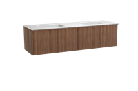 Balmani Forma zwevend badmeubel 180 x 55 cm amerikaans notenhout met Tablo Arcato dubbele wastafel in solid surface mat wit, Verticale asymmetrische ronde ribbel