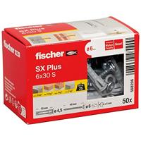 fischer spreidplug SX Plus 6 x 30 S, Doos met 50 nylon pluggen en bijpassende schroeven, Pluggen voor optimale grip bij bevestigingen in beton, volle baksteen, cellenbeton en meer