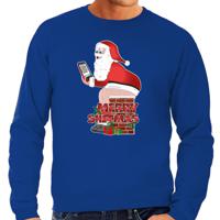 Foute Kersttrui/sweater voor heren - Merry Christmas - blauw - Kerstman op de wc - thumbnail