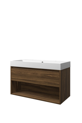 Proline polystone Loft wastafelonderkast met lade en open schap en polystone wastafel met 2 kraangaten 100 x 62 x 46 cm, cabana oak / mat wit Proline polystone Loft wastafelonderkast met lade en open schap en polystone wastafel met 2 kraangaten 100 x 62 x 46 cm, cabana oak / mat wit