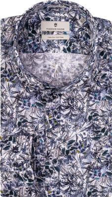 Thomas Maine Overhemd Blauwe Bloemen Allover Print Cutaway Tailored Fit