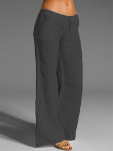 Casual mid-rise solid color linen straight-leg Pants